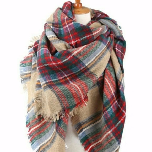 TAN Plaid Printed Oversized fall winter scarf - Picture 5 of 7
